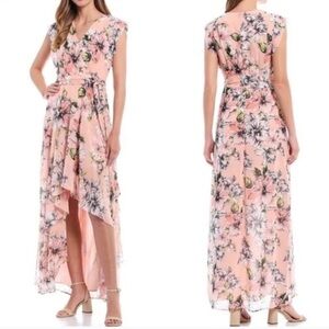 Eliza J Blush Pink and Floral Surplice Cap Sleeve High Low Maxi Dress Size 12